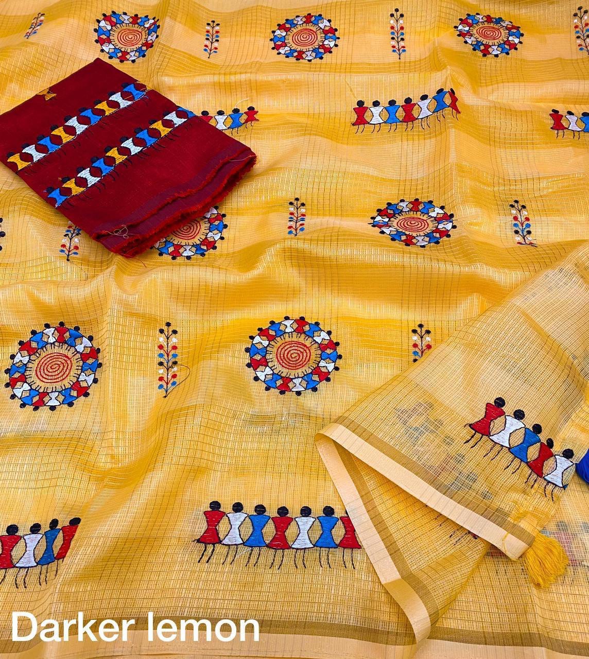 Manipuri Kota Silk Checkered Worli Embroidery Saree With Mulberry Silk Blouse