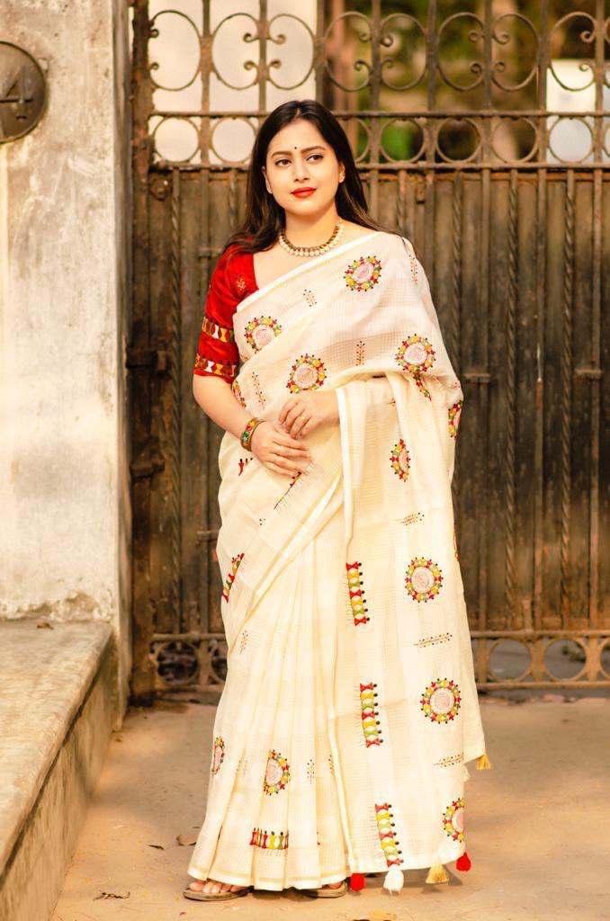 Manipuri Kota Silk Checkered Worli Embroidery Saree With Mulberry Silk Blouse