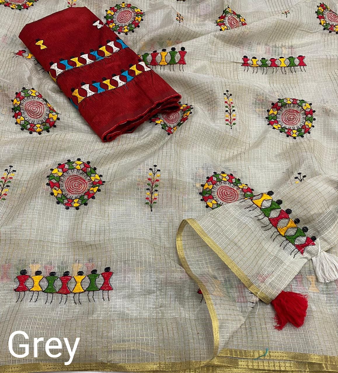 Manipuri Kota Silk Checkered Worli Embroidery Saree With Mulberry Silk Blouse