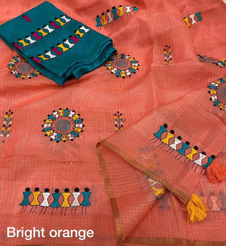 Manipuri Kota Silk Checkered Worli Embroidery Saree With Mulberry Silk Blouse