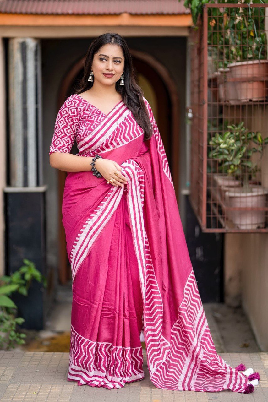 Pure Chanderi Cotton Gala Style Prints Batik Saree with Blouse