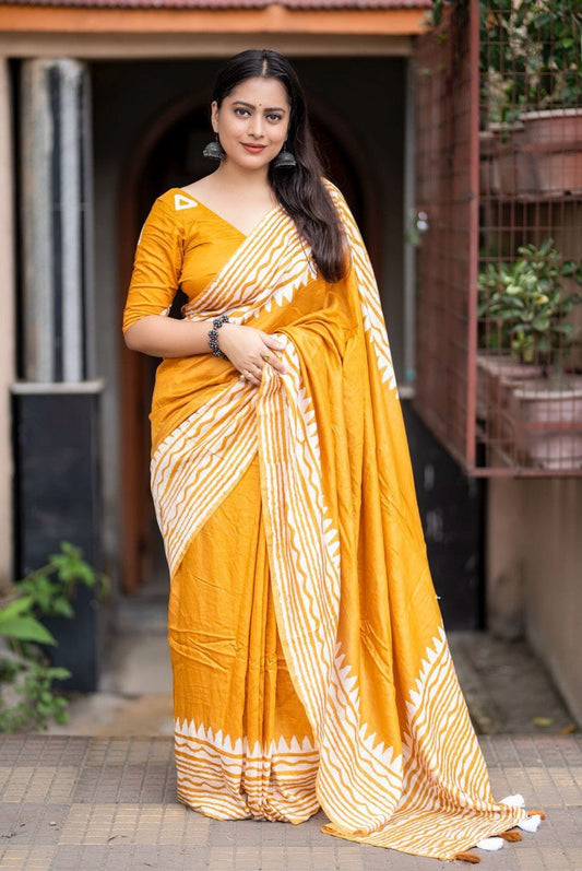 Pure Chanderi Cotton Gala Style Prints Batik Saree with Blouse