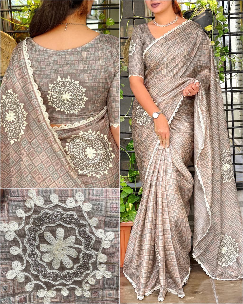 Ajrakh Digital Print & Hand Kaatha Work Elegant Tussar Cotton Saree with Blouse
