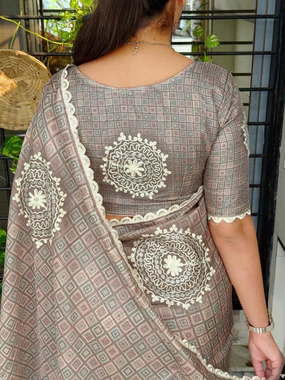 Ajrakh Digital Print & Hand Kaatha Work Elegant Tussar Cotton Saree with Blouse