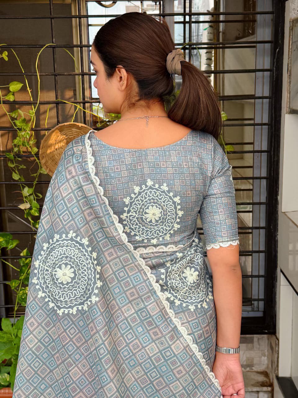 Ajrakh Digital Print & Hand Kaatha Work Elegant Tussar Cotton Saree with Blouse