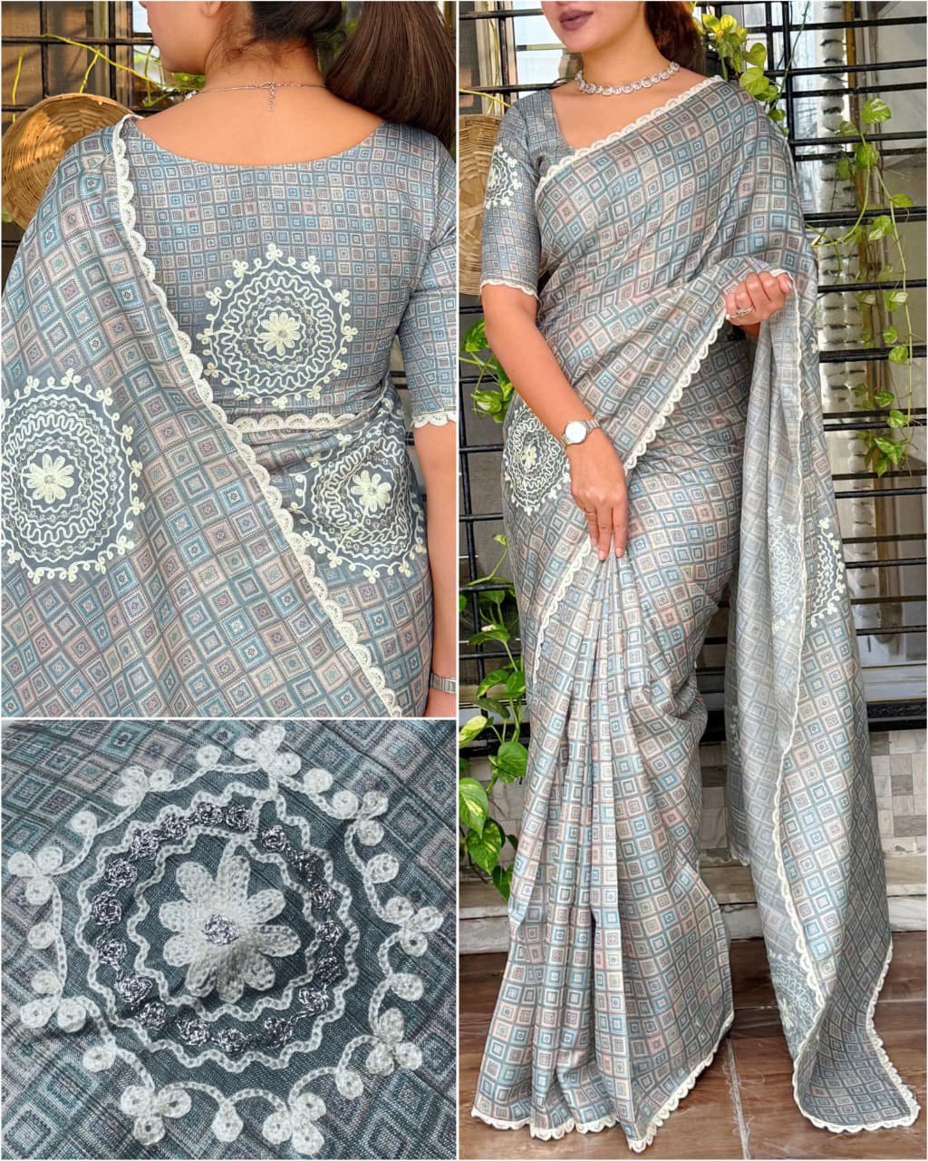 Ajrakh Digital Print & Hand Kaatha Work Elegant Tussar Cotton Saree with Blouse