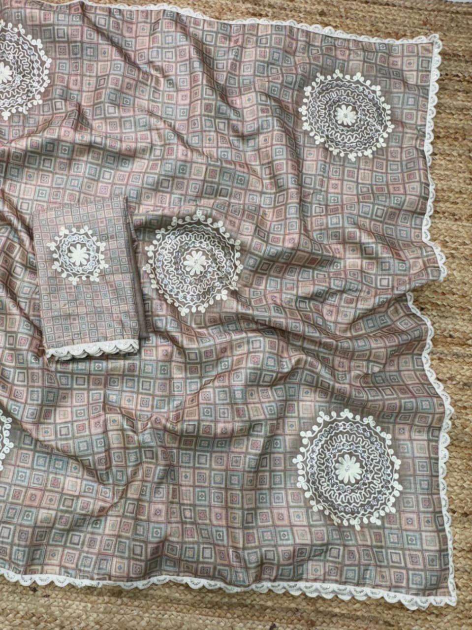 Ajrakh Digital Print & Hand Kaatha Work Elegant Tussar Cotton Saree with Blouse