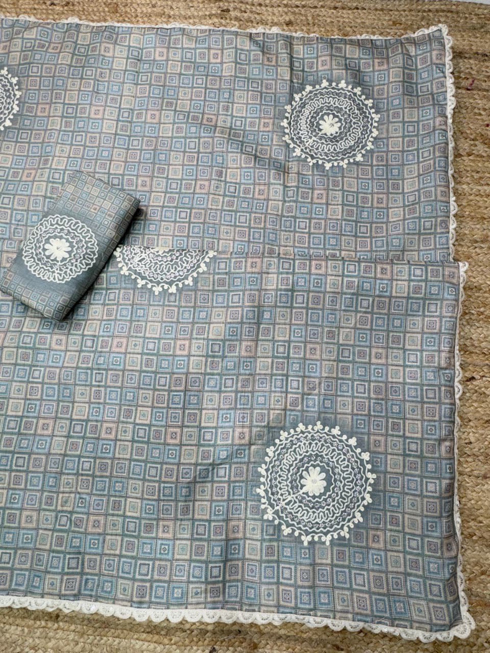 Ajrakh Digital Print & Hand Kaatha Work Elegant Tussar Cotton Saree with Blouse