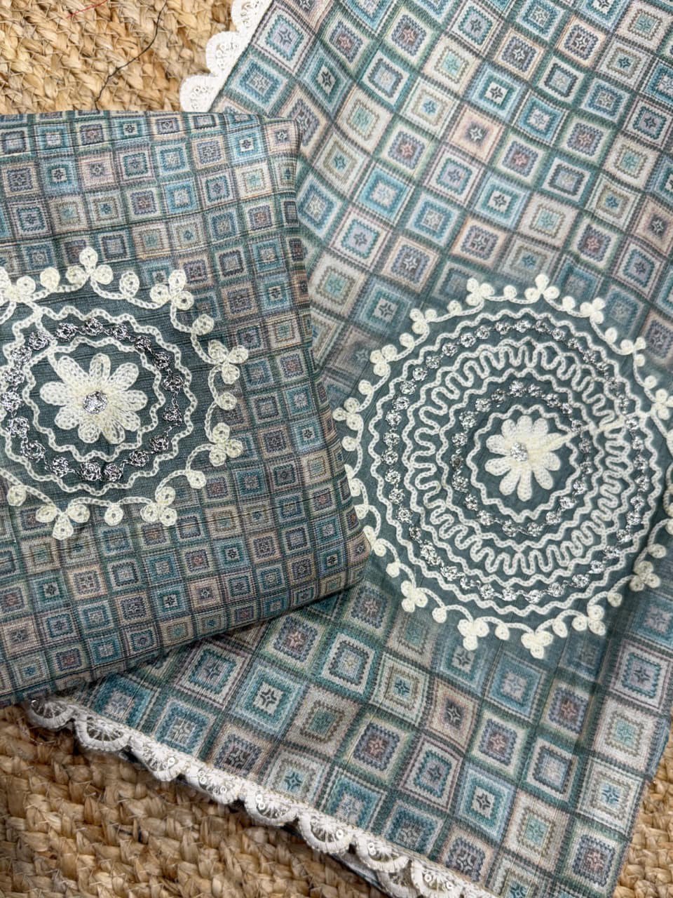 Ajrakh Digital Print & Hand Kaatha Work Elegant Tussar Cotton Saree with Blouse