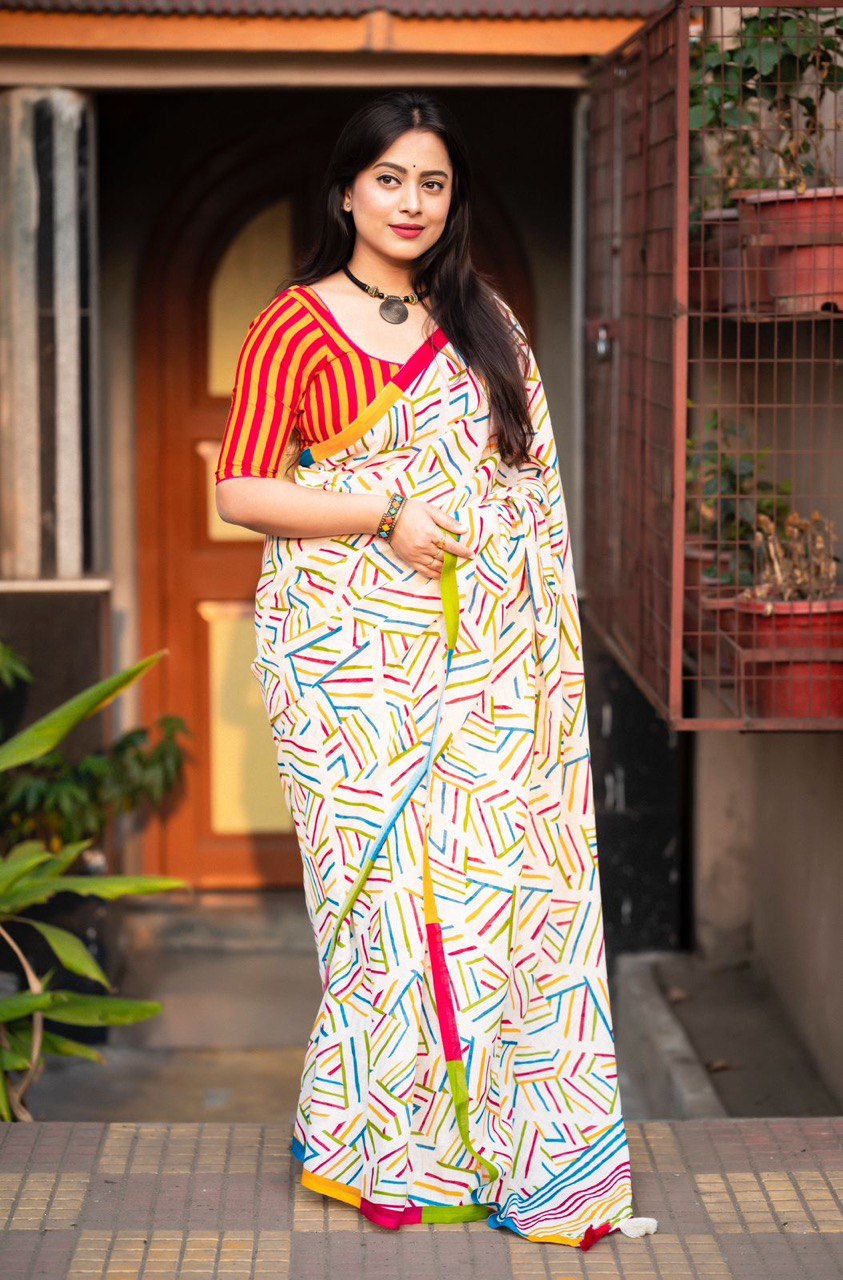 Soft Linen Saree with Geometric Print & Contrast Striped Blouse