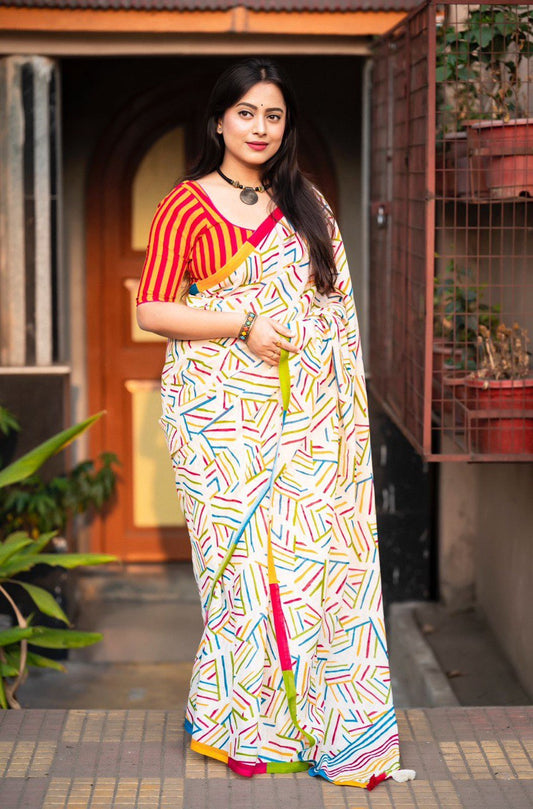 Soft Linen Saree with Geometric Print & Contrast Striped Blouse