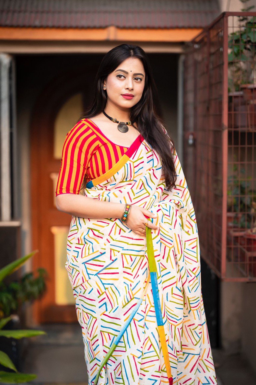 Soft Linen Saree with Geometric Print & Contrast Striped Blouse