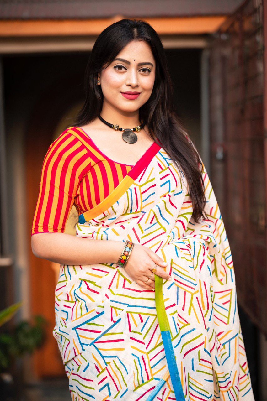 Soft Linen Saree with Geometric Print & Contrast Striped Blouse
