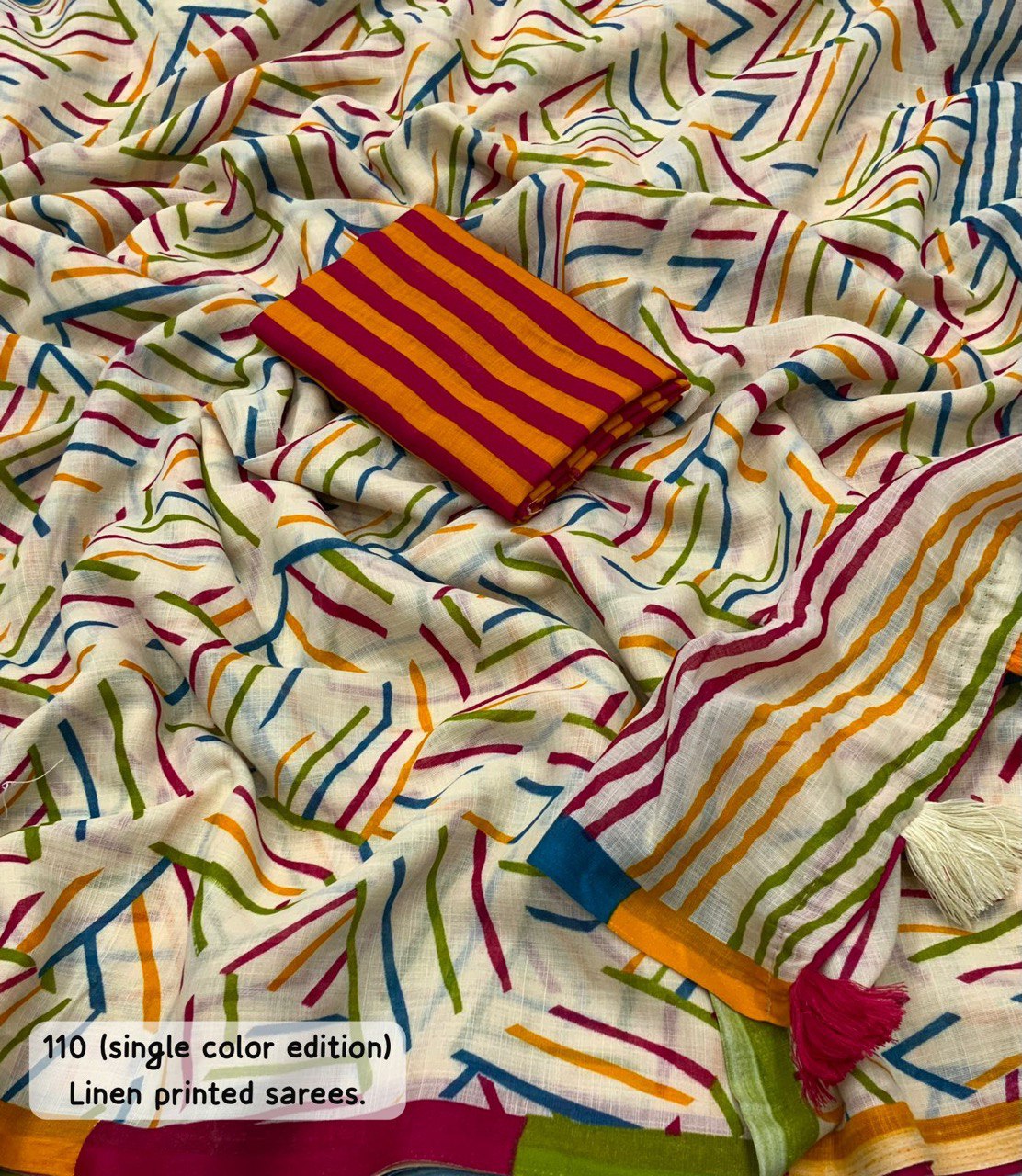 Soft Linen Saree with Geometric Print & Contrast Striped Blouse