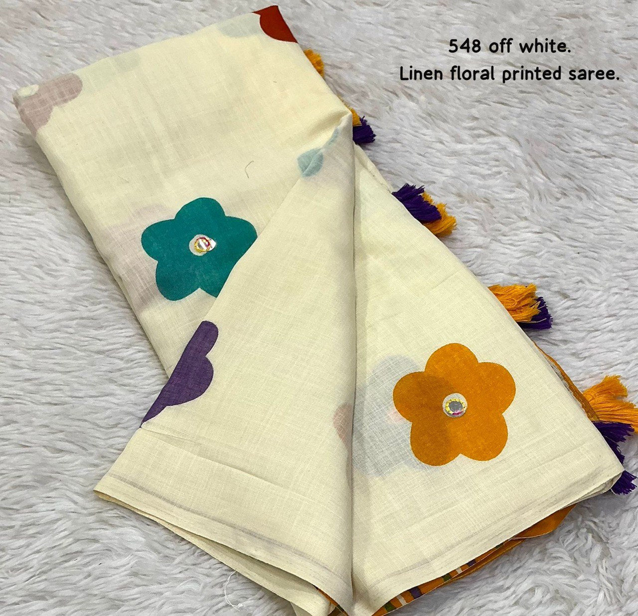 Floral Design & Aari Mirror Work Fancy Soft Linen Saree with Blouse