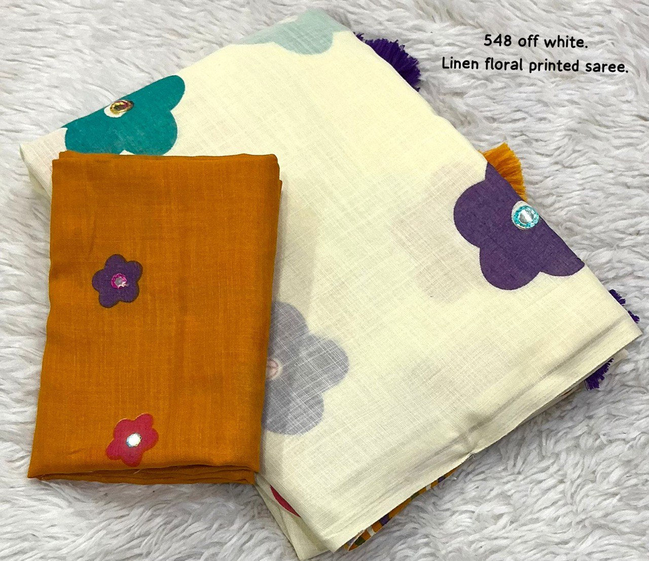 Floral Design & Aari Mirror Work Fancy Soft Linen Saree with Blouse