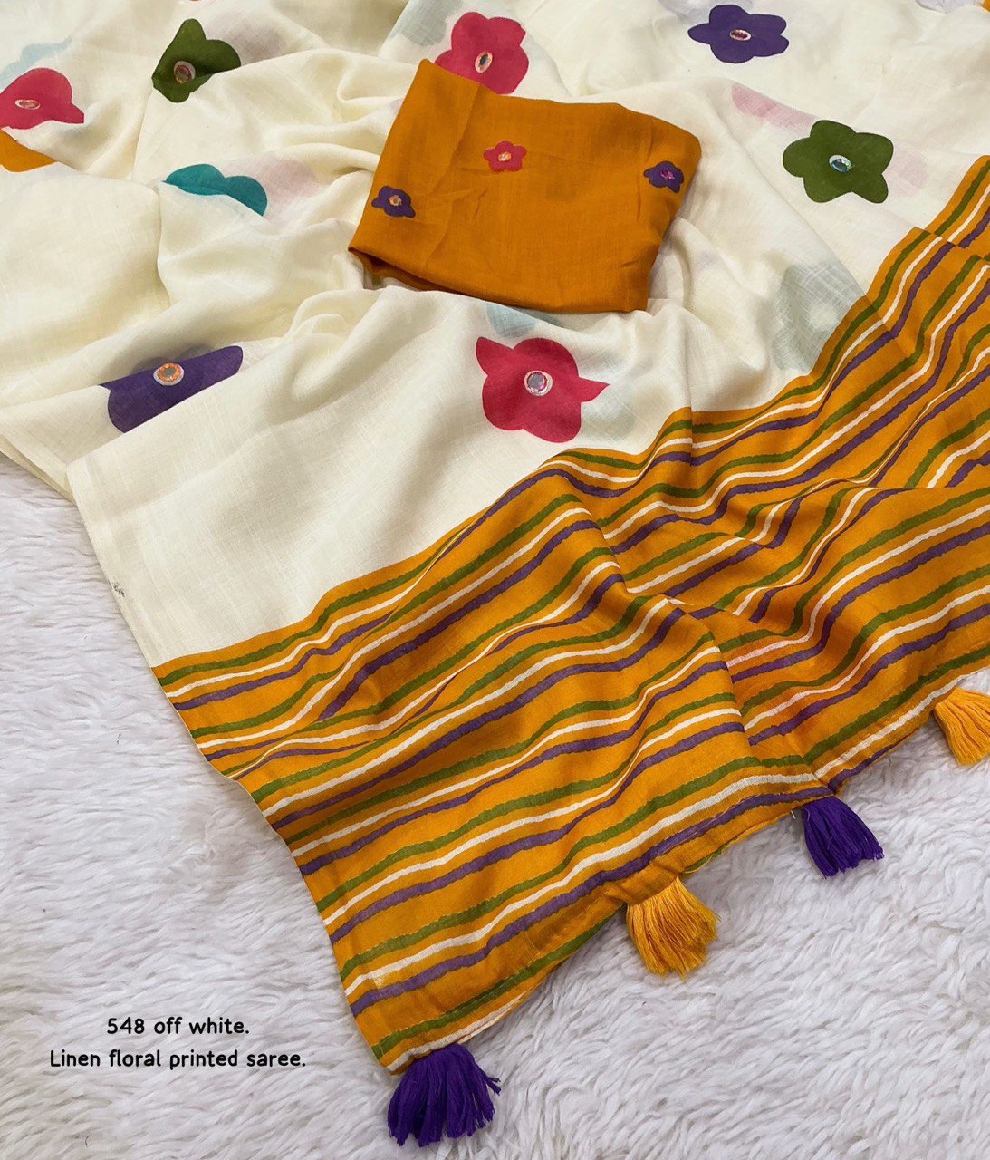 Floral Design & Aari Mirror Work Fancy Soft Linen Saree with Blouse