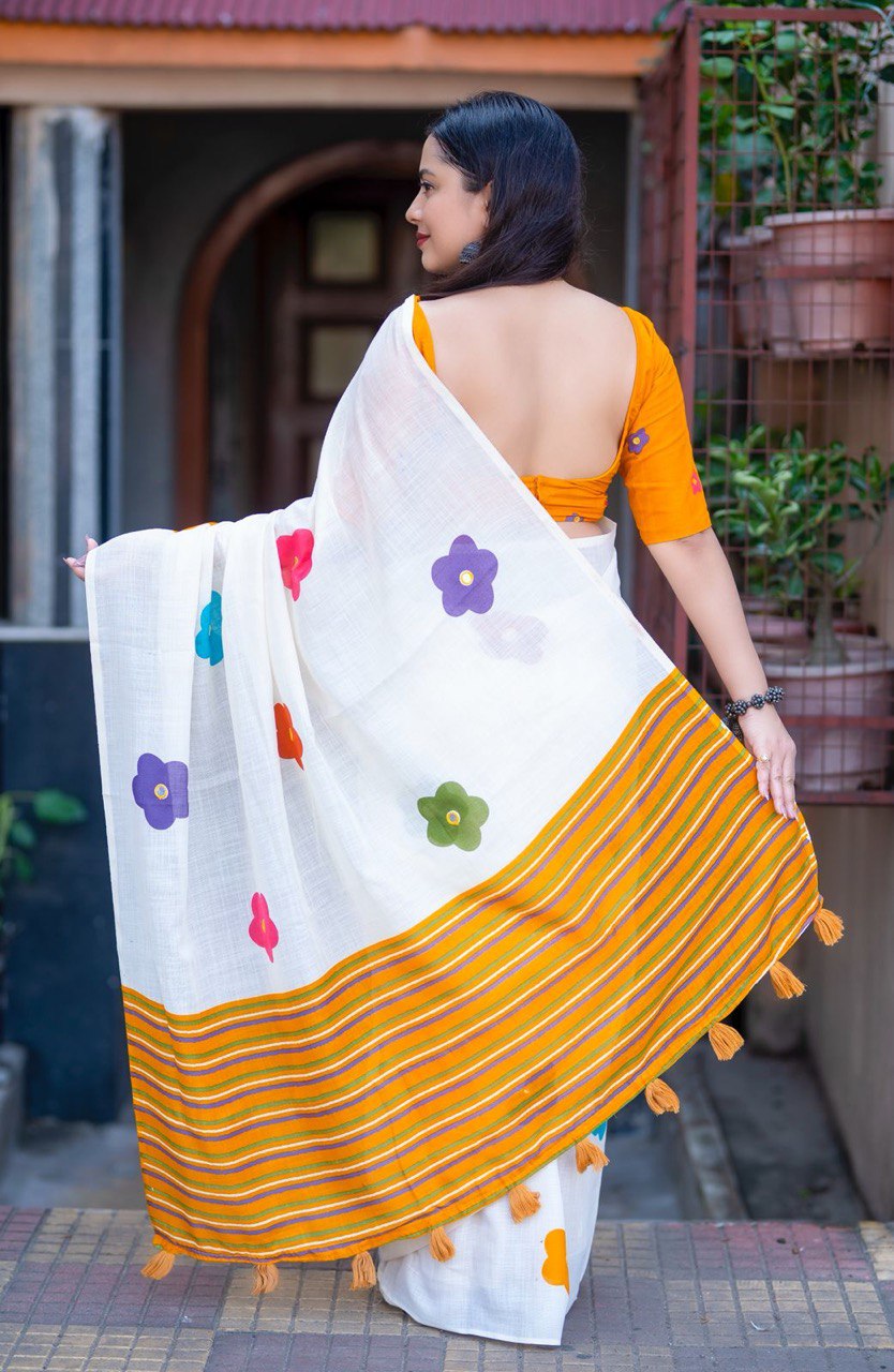 Floral Design & Aari Mirror Work Fancy Soft Linen Saree with Blouse