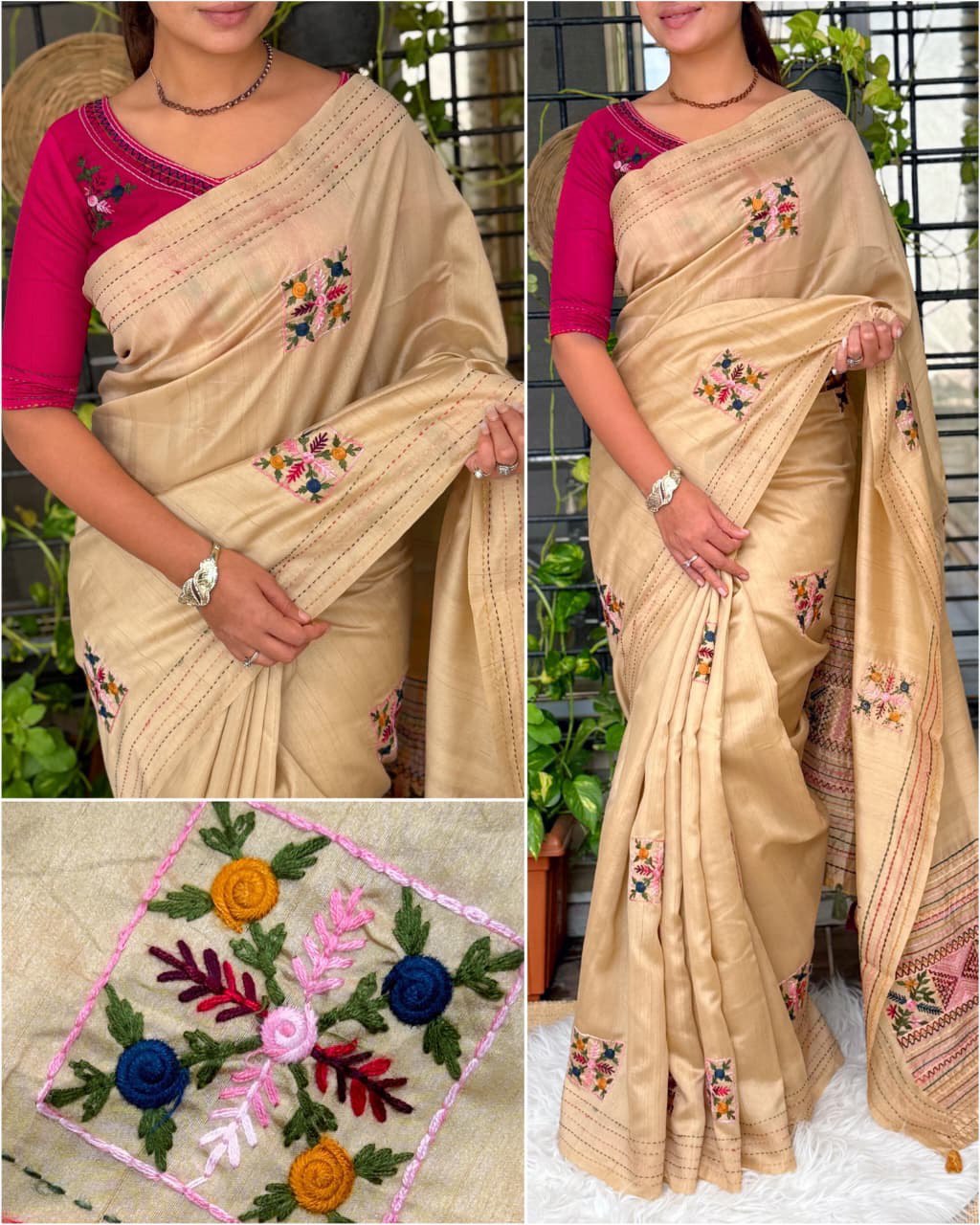Kashmiri-Style Embroidery & Kantha Border Premium Tussar Cotton Saree with Blouse