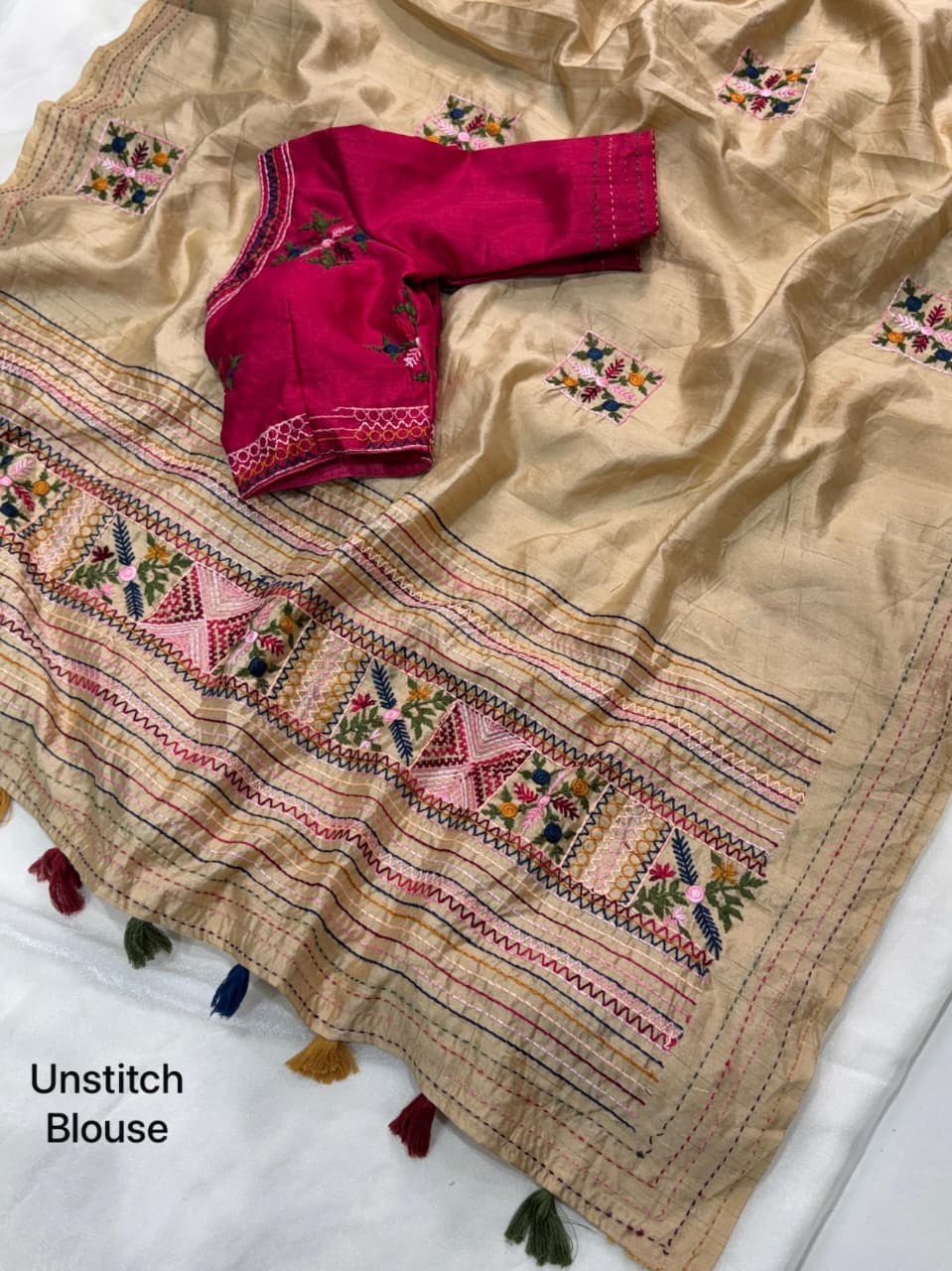 Kashmiri-Style Embroidery & Kantha Border Premium Tussar Cotton Saree with Blouse