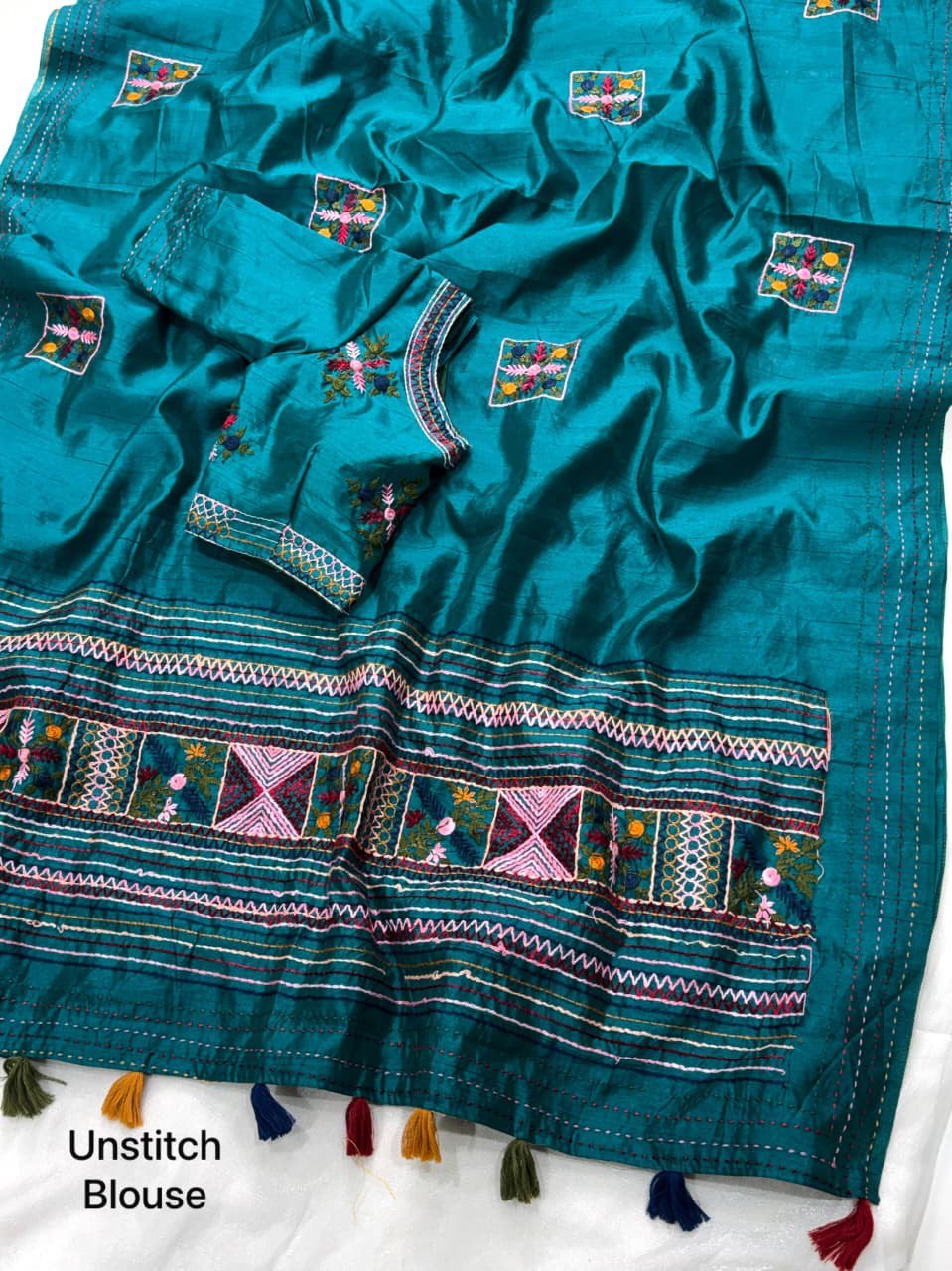 Kashmiri-Style Embroidery & Kantha Border Premium Tussar Cotton Saree with Blouse