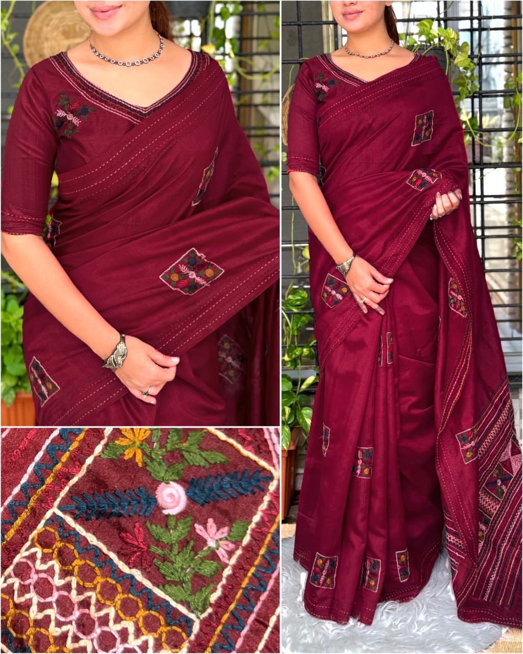 Kashmiri-Style Embroidery & Kantha Border Premium Tussar Cotton Saree with Blouse