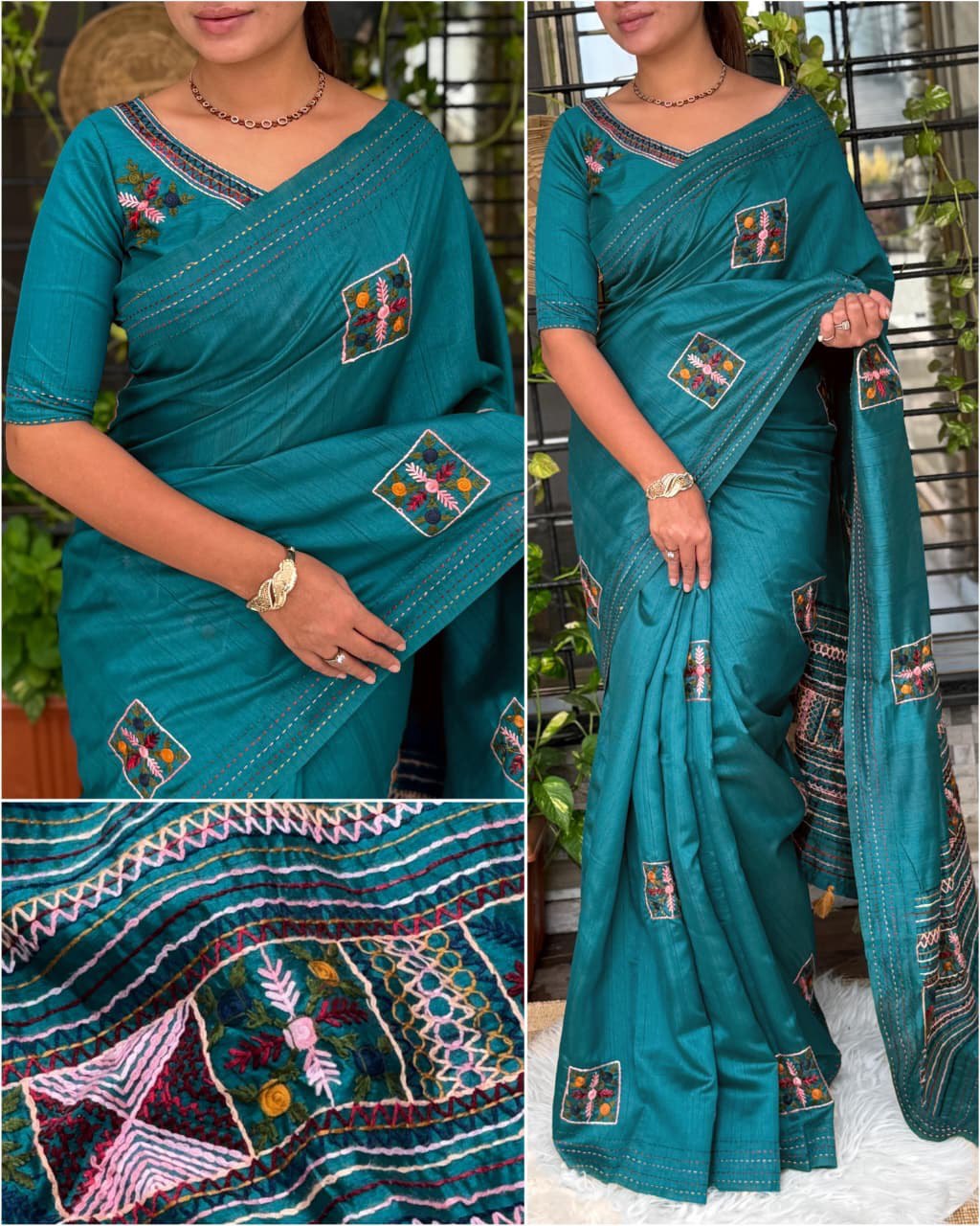 Kashmiri-Style Embroidery & Kantha Border Premium Tussar Cotton Saree with Blouse