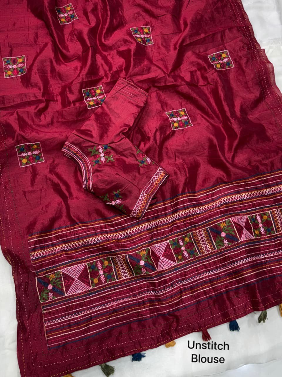 Kashmiri-Style Embroidery & Kantha Border Premium Tussar Cotton Saree with Blouse