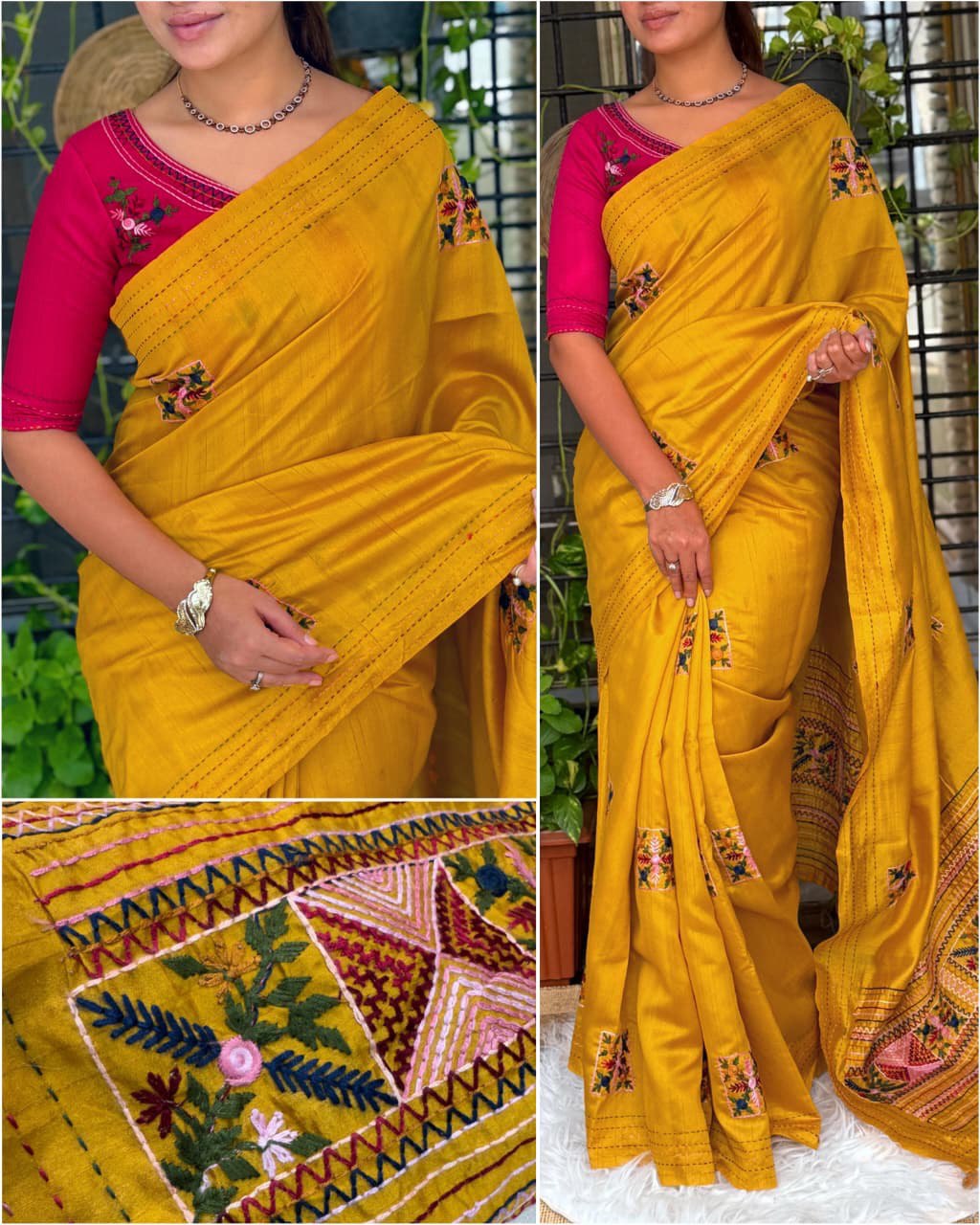 Kashmiri-Style Embroidery & Kantha Border Premium Tussar Cotton Saree with Blouse
