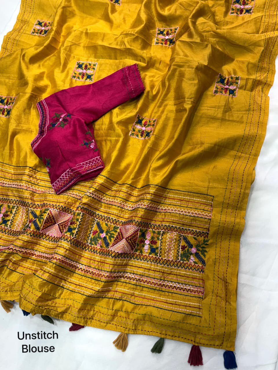 Kashmiri-Style Embroidery & Kantha Border Premium Tussar Cotton Saree with Blouse