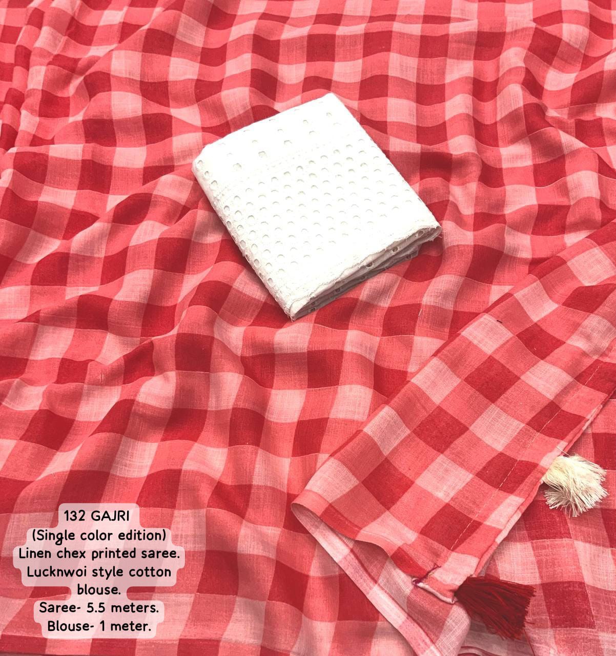 Soft Linen Checkered Print Saree with Cotton Tassels & Contrast Lucknowi Blouse Piece