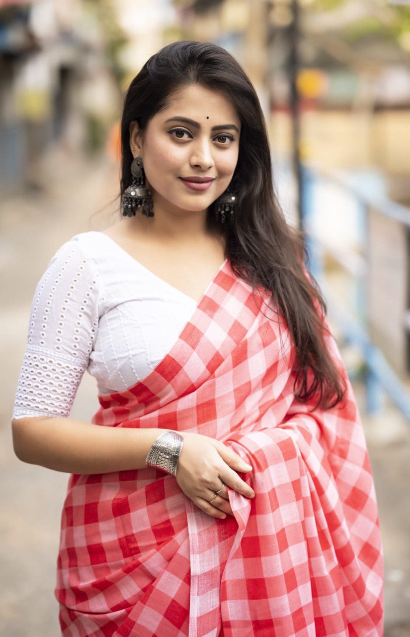 Soft Linen Checkered Print Saree with Cotton Tassels & Contrast Lucknowi Blouse Piece