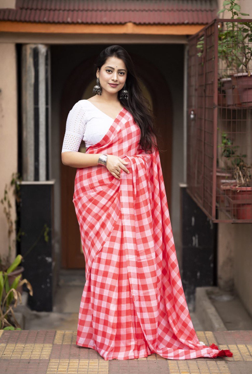 Soft Linen Checkered Print Saree with Cotton Tassels & Contrast Lucknowi Blouse Piece