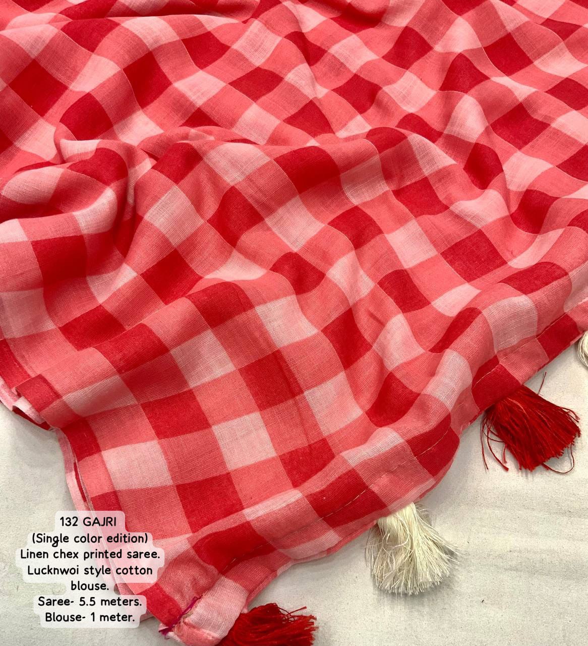 Soft Linen Checkered Print Saree with Cotton Tassels & Contrast Lucknowi Blouse Piece