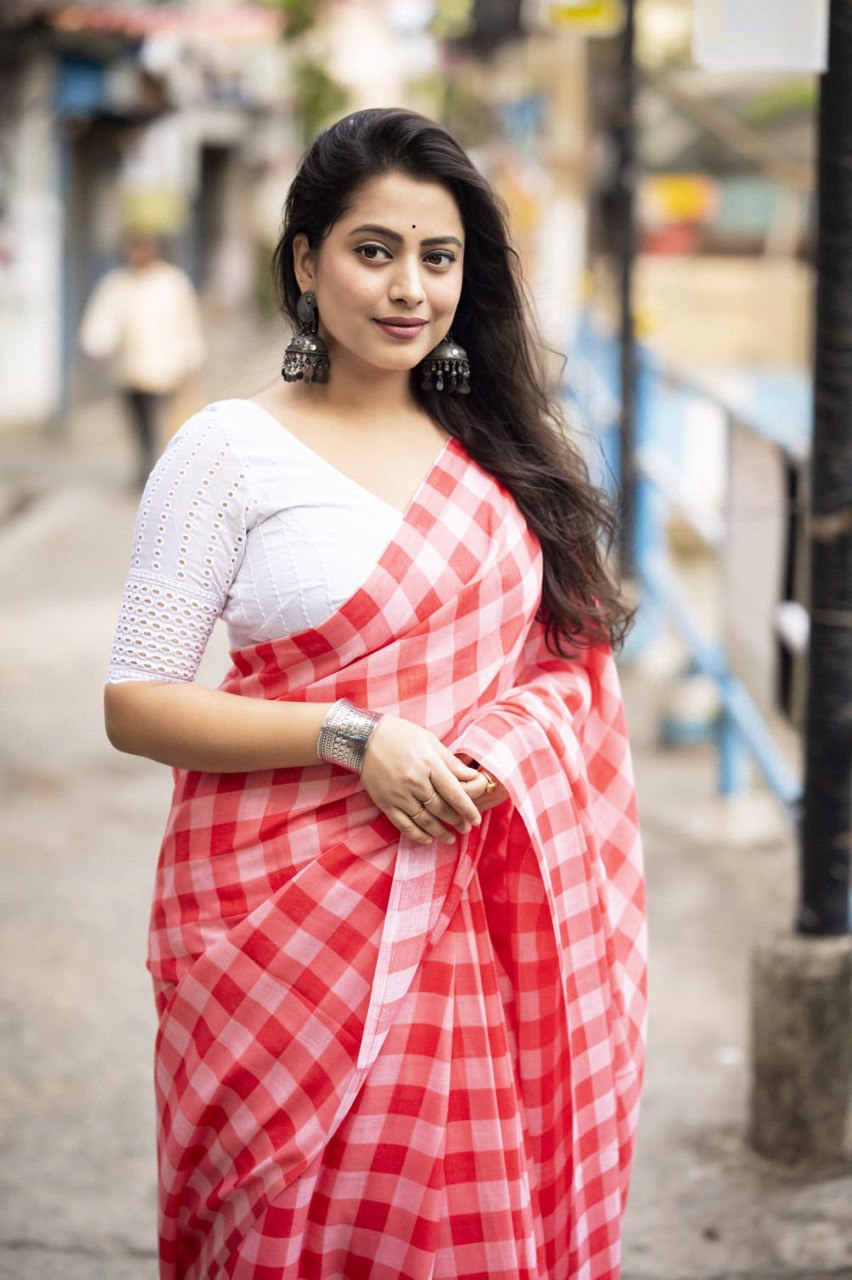 Soft Linen Checkered Print Saree with Cotton Tassels & Contrast Lucknowi Blouse Piece