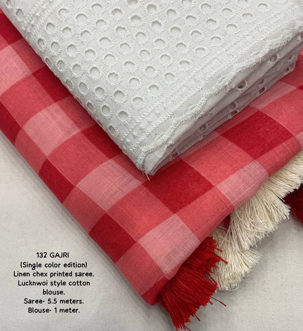 Soft Linen Checkered Print Saree with Cotton Tassels & Contrast Lucknowi Blouse Piece