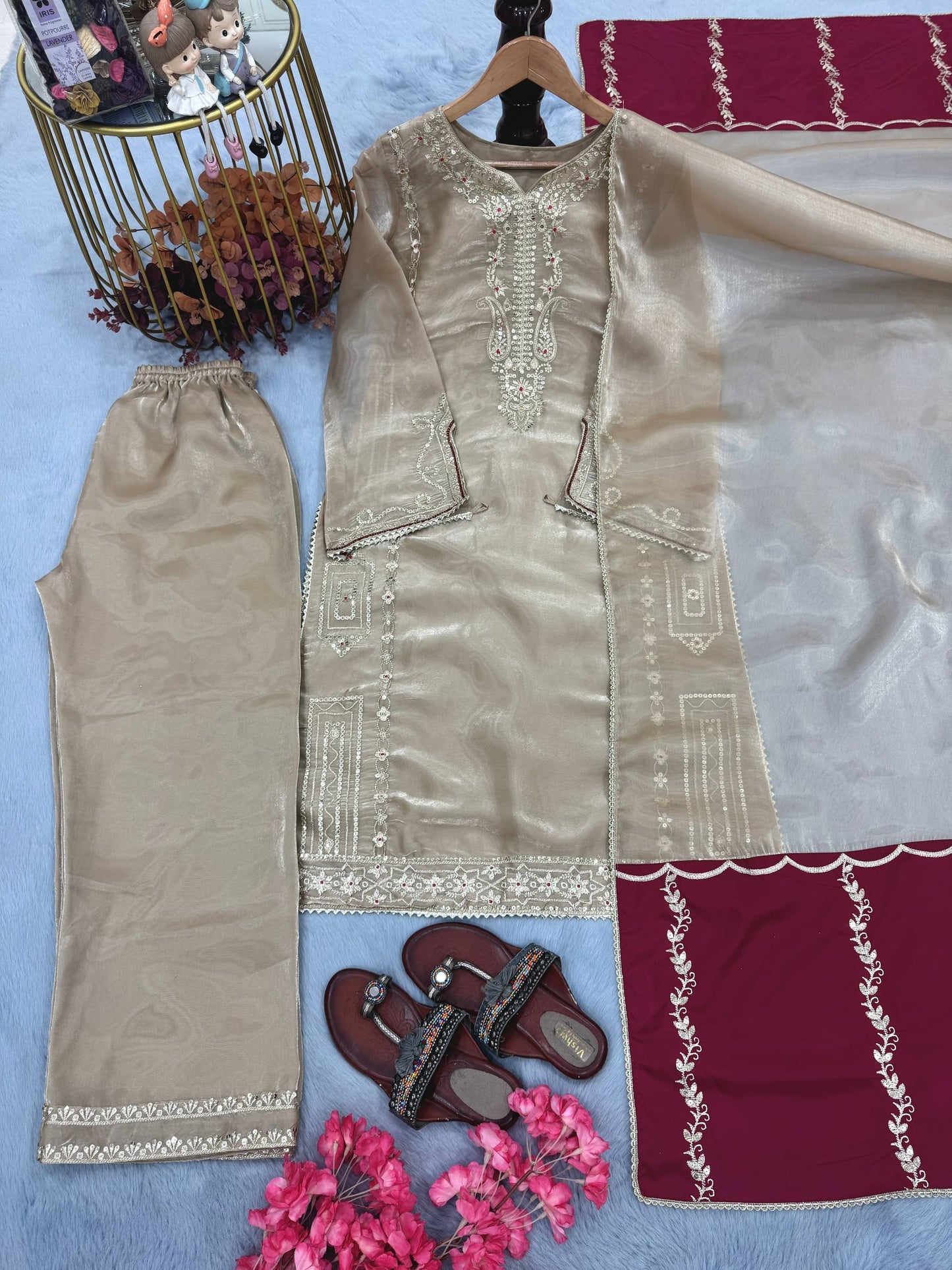 Designer Party Wear Pur Jimmy Choo Top, Plazzo & Dupatta Set