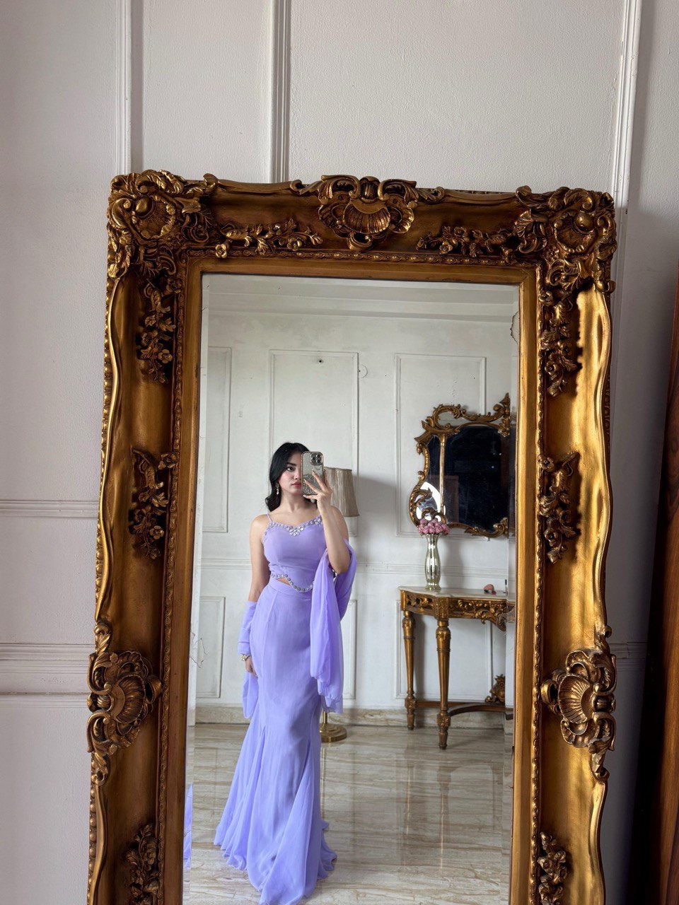 Lavender Fishcut Skirt with Fancy Georgette Blouse with Dupatta