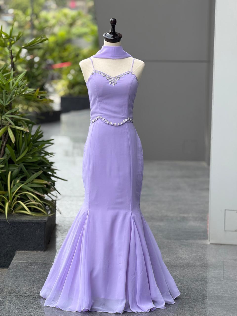 Lavender Fishcut Skirt with Fancy Georgette Blouse with Dupatta