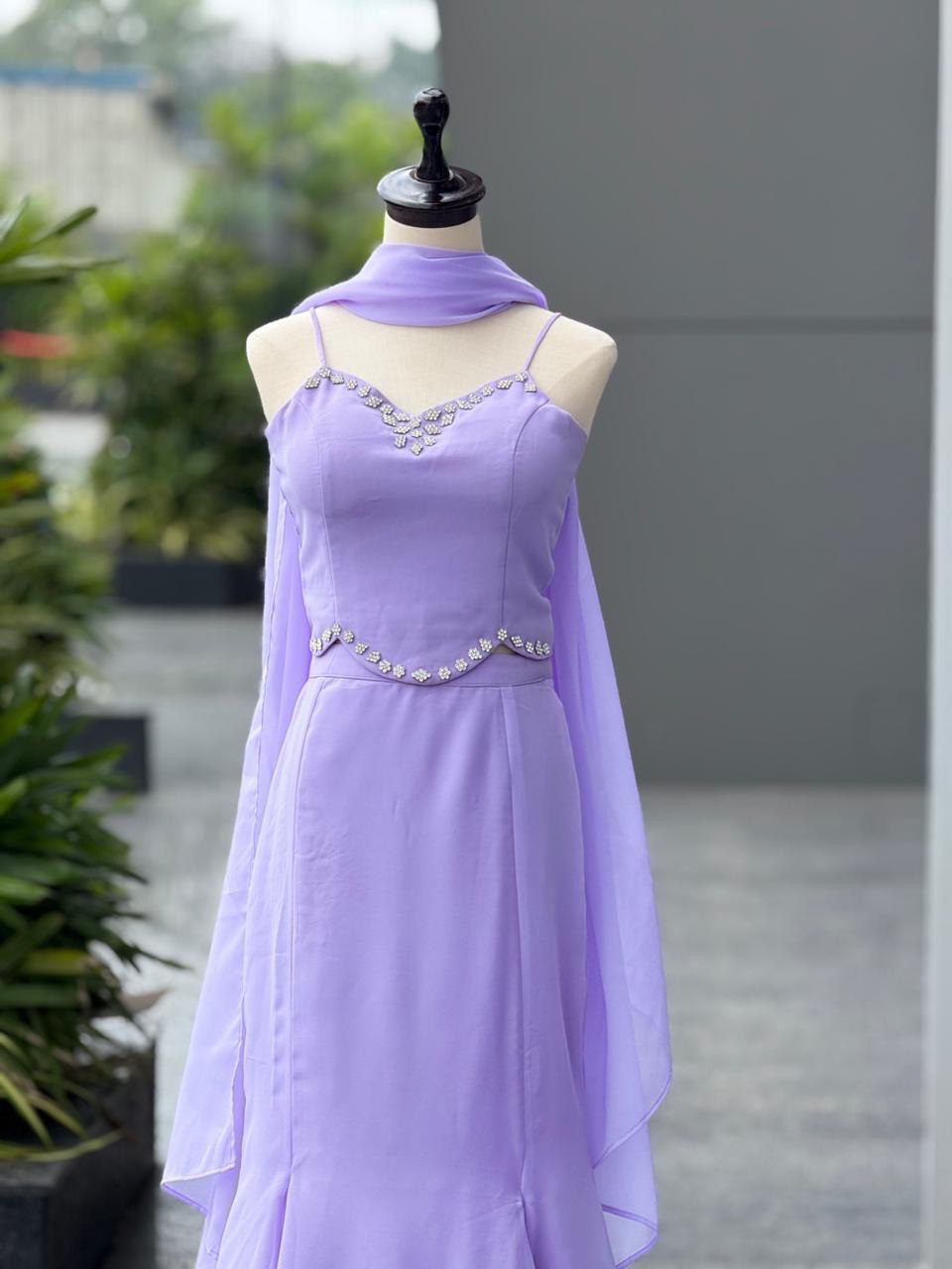 Lavender Fishcut Skirt with Fancy Georgette Blouse with Dupatta
