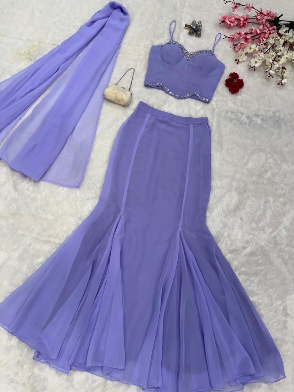 Lavender Fishcut Skirt with Fancy Georgette Blouse with Dupatta