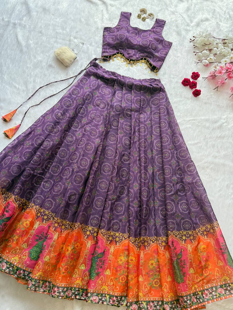 Exclusive Designer Jimmy Organza Digital Print Lehenga with Lace Work Blouse