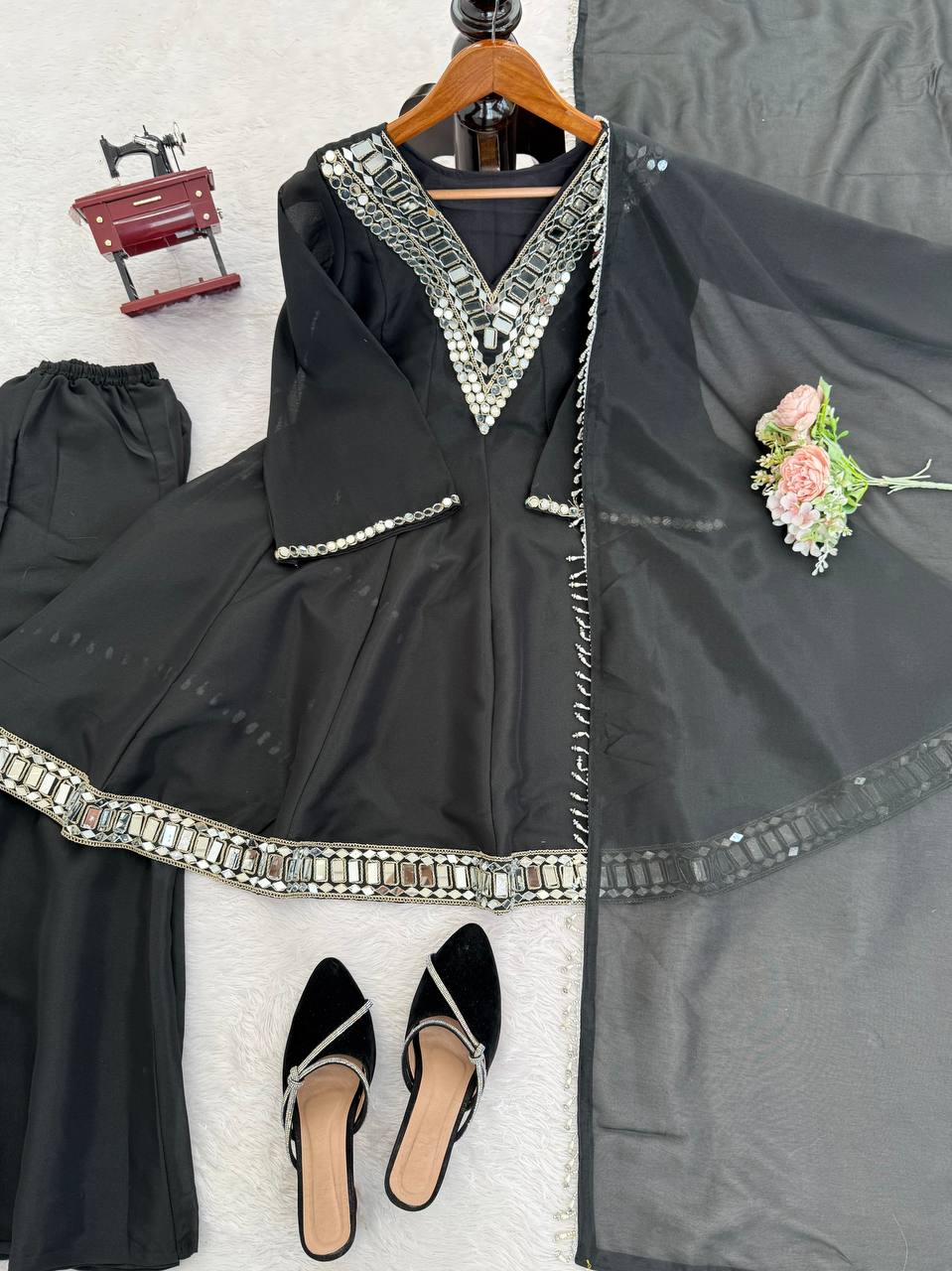 Real Mirror Embroidery Work Cosmos Silk Designer Top Palazzo Set with Dupatta