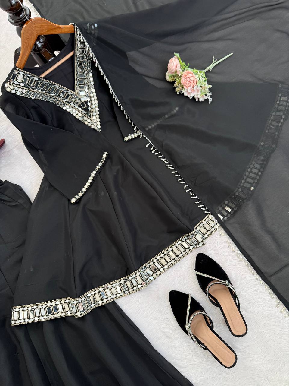 Real Mirror Embroidery Work Cosmos Silk Designer Top Palazzo Set with Dupatta