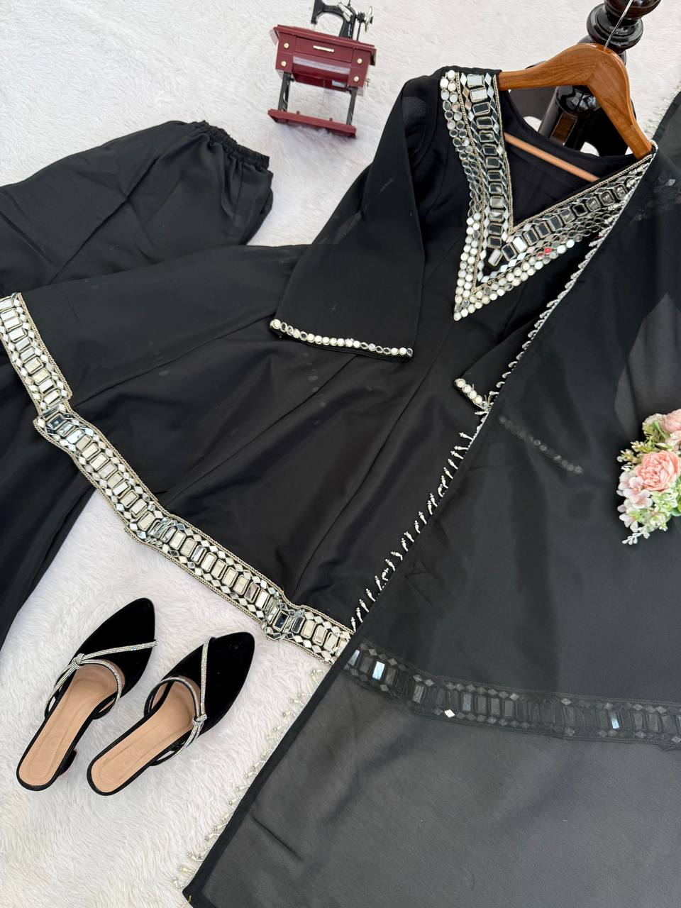 Real Mirror Embroidery Work Cosmos Silk Designer Top Palazzo Set with Dupatta