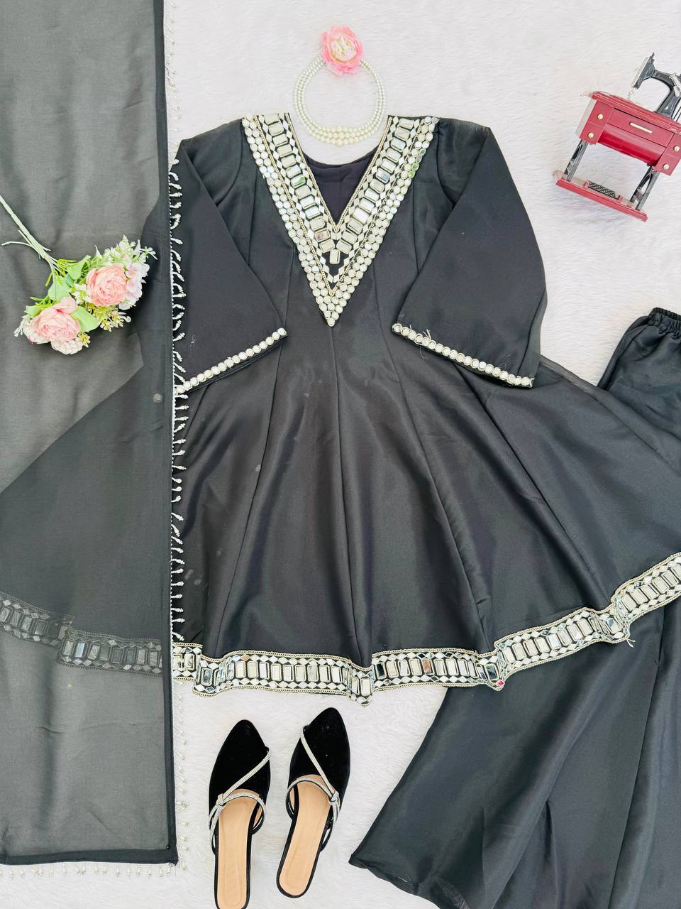 Real Mirror Embroidery Work Cosmos Silk Designer Top Palazzo Set with Dupatta