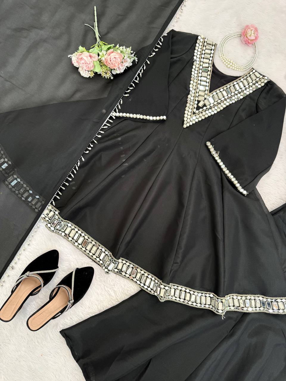 Real Mirror Embroidery Work Cosmos Silk Designer Top Palazzo Set with Dupatta