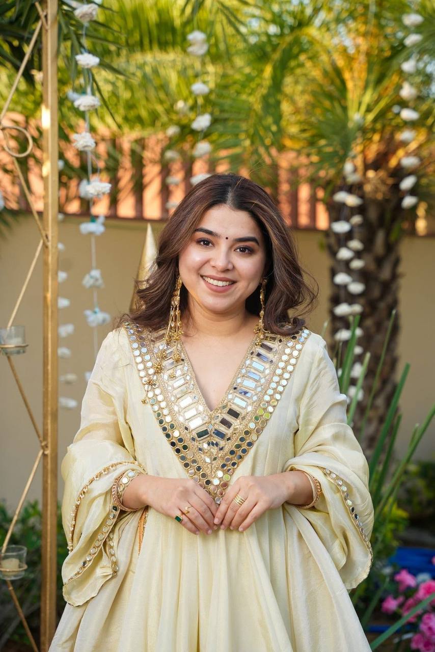 Real Mirror Embroidery Work Cosmos Silk Designer Top Palazzo Set with Dupatta