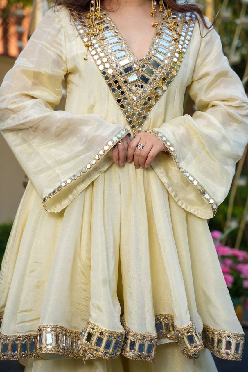 Real Mirror Embroidery Work Cosmos Silk Designer Top Palazzo Set with Dupatta