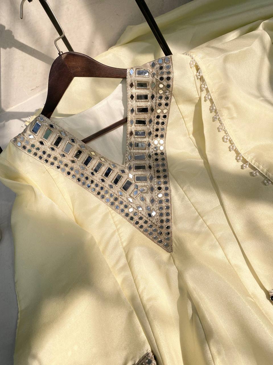 Real Mirror Embroidery Work Cosmos Silk Designer Top Palazzo Set with Dupatta